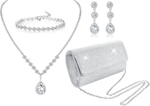 Subiceto 4Pcs Silver Clutch Purse Jewelry Set for Women Evening Rhinestone Purse Crystal Necklace Earrings Bracelets Set Silver Accessories for Women Bride Wedding Jewelry