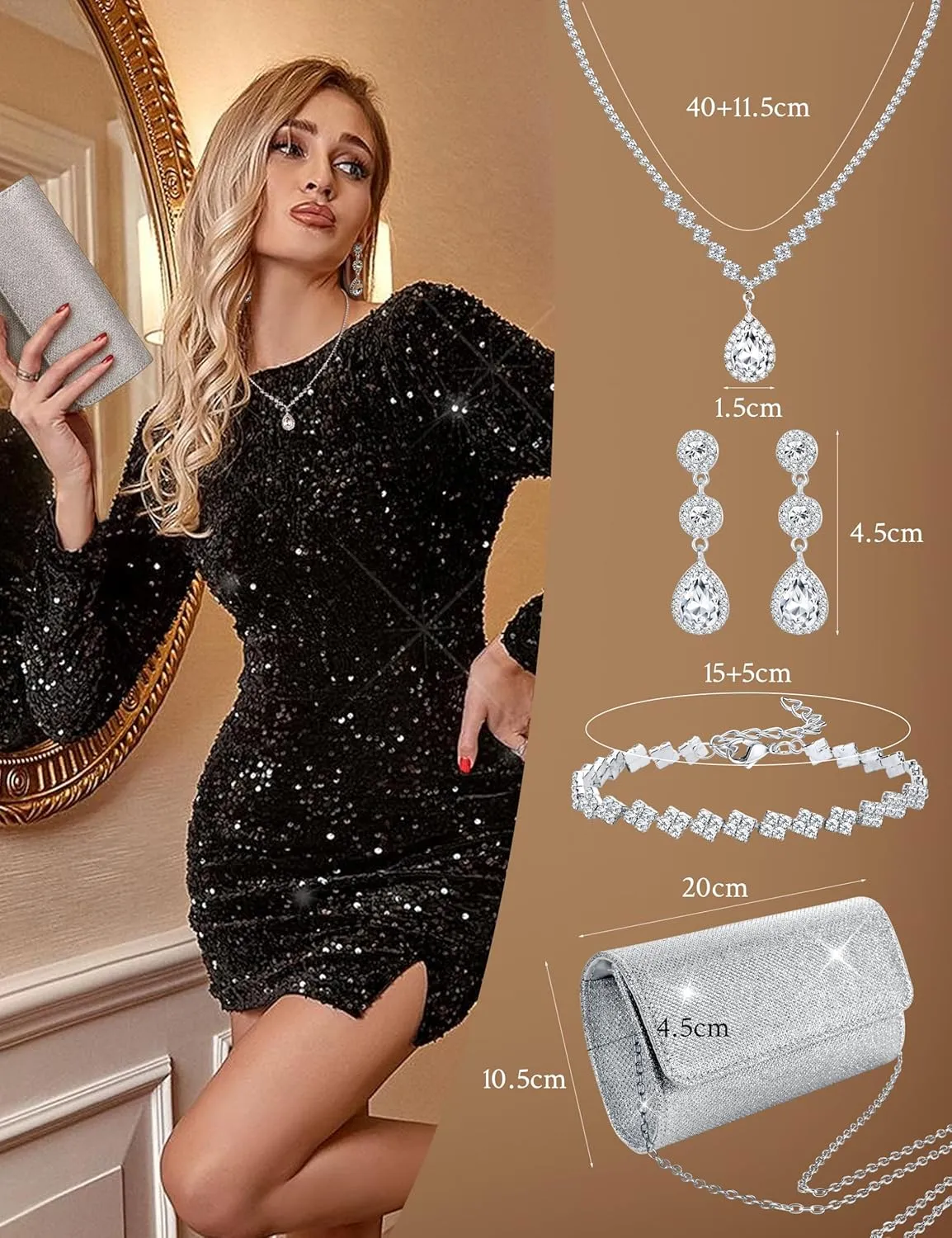 Subiceto 4Pcs Silver Clutch Purse Jewelry Set for Women Evening Rhinestone Purse Crystal Necklace Earrings Bracelets Set Silver Accessories for Women Bride Wedding Jewelry
