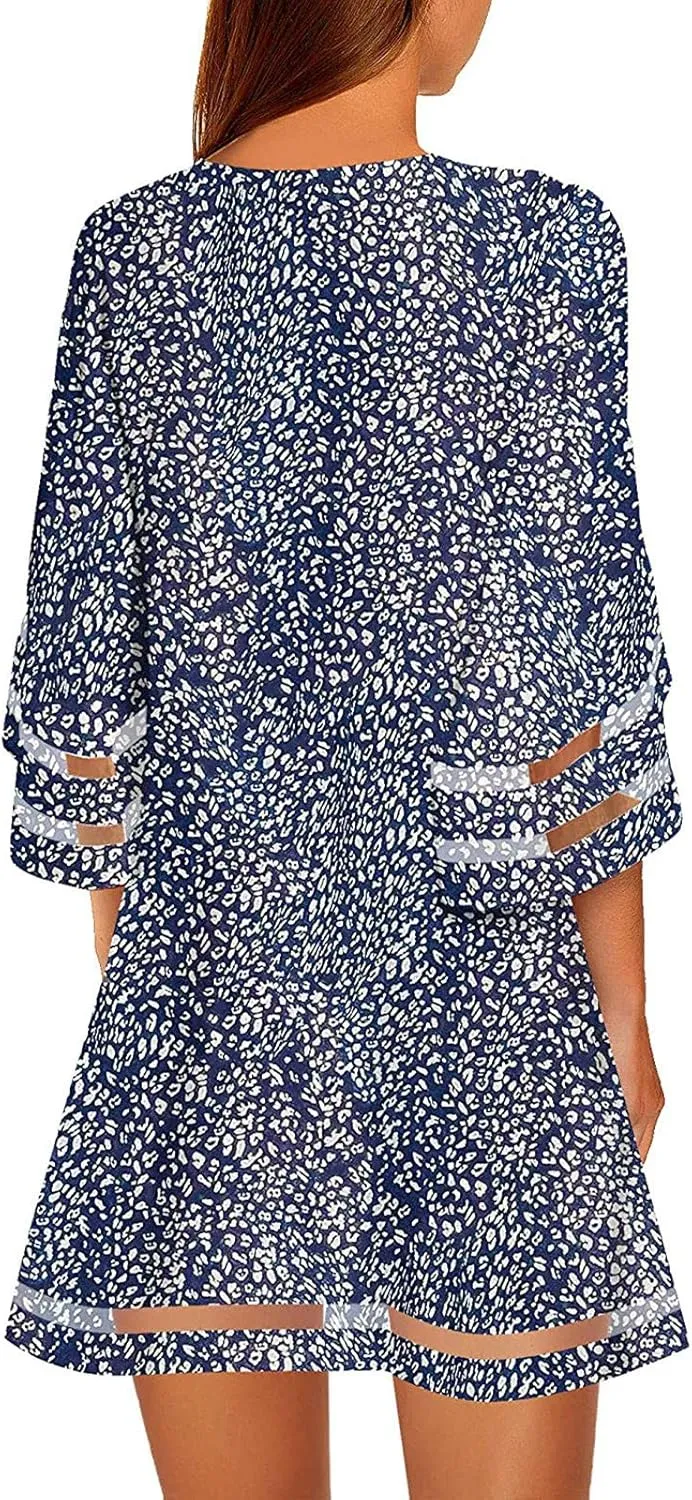 Summer Dresses for Women 3/4 Hollow Sleeve Mini Dress Net Yarn Flared Sleeve Long Tops Casual Midi Dress