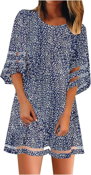 Summer Dresses for Women 3/4 Hollow Sleeve Mini Dress Net Yarn Flared Sleeve Long Tops Casual Midi Dress