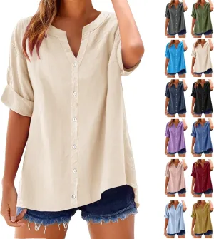 Summer Linen Work Tops for Women Trendy Button Down Plus Size V Neck Boho Clothes Spring Tops for Women 2025 Fashion
