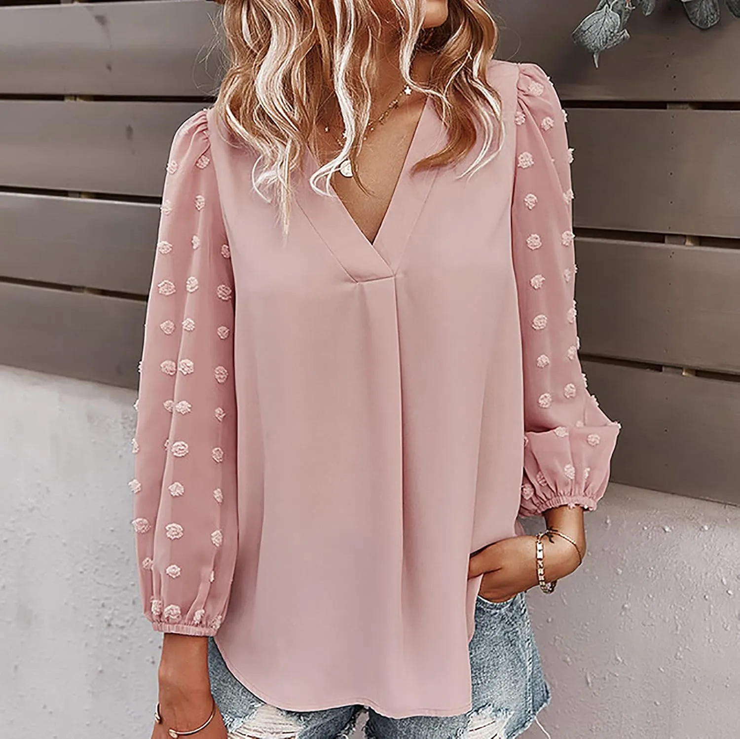 Summer Solid Color Tops Womens Chiffon Tunic V Neck Shirt Long Sleeve Tees Casual Polka Dot Blouse