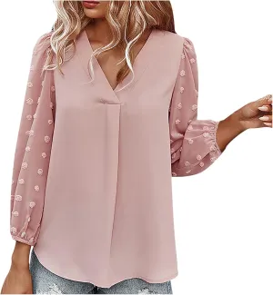 Summer Solid Color Tops Womens Chiffon Tunic V Neck Shirt Long Sleeve Tees Casual Polka Dot Blouse