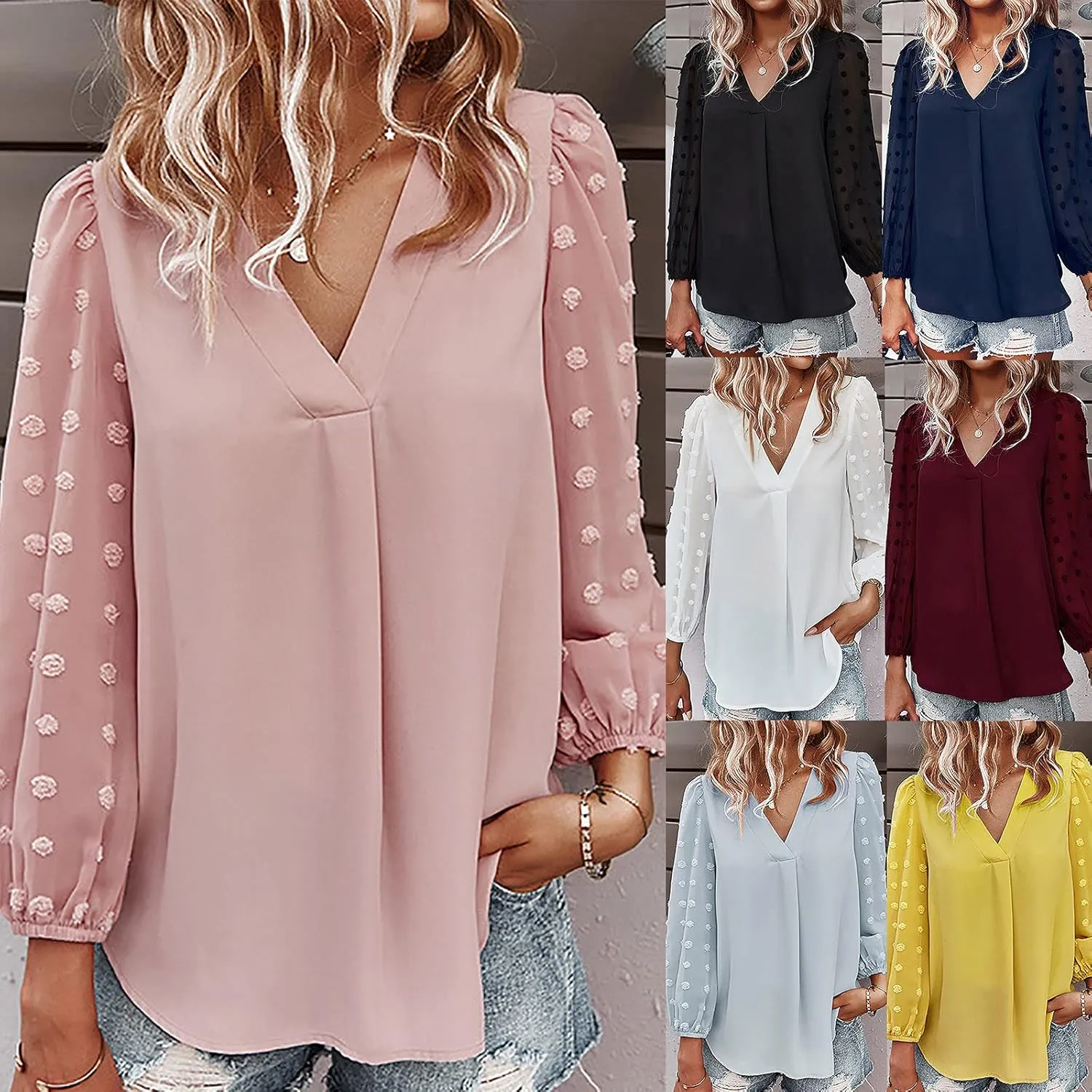 Summer Solid Color Tops Womens Chiffon Tunic V Neck Shirt Long Sleeve Tees Casual Polka Dot Blouse