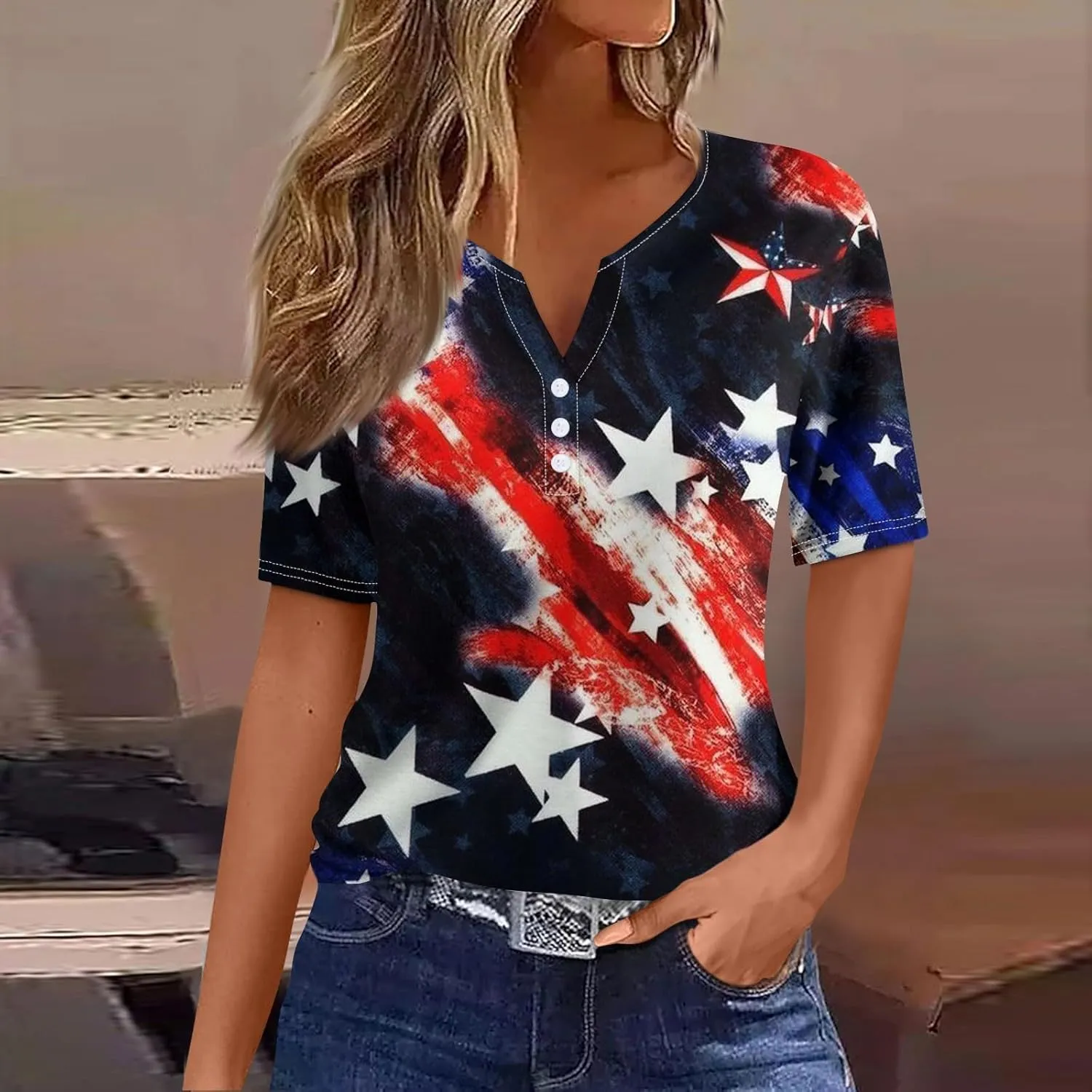 Summer Tops for Women 2024 4th of July Short Sleeve Henley Shirts for Women Button Down Casual American Flag Tops