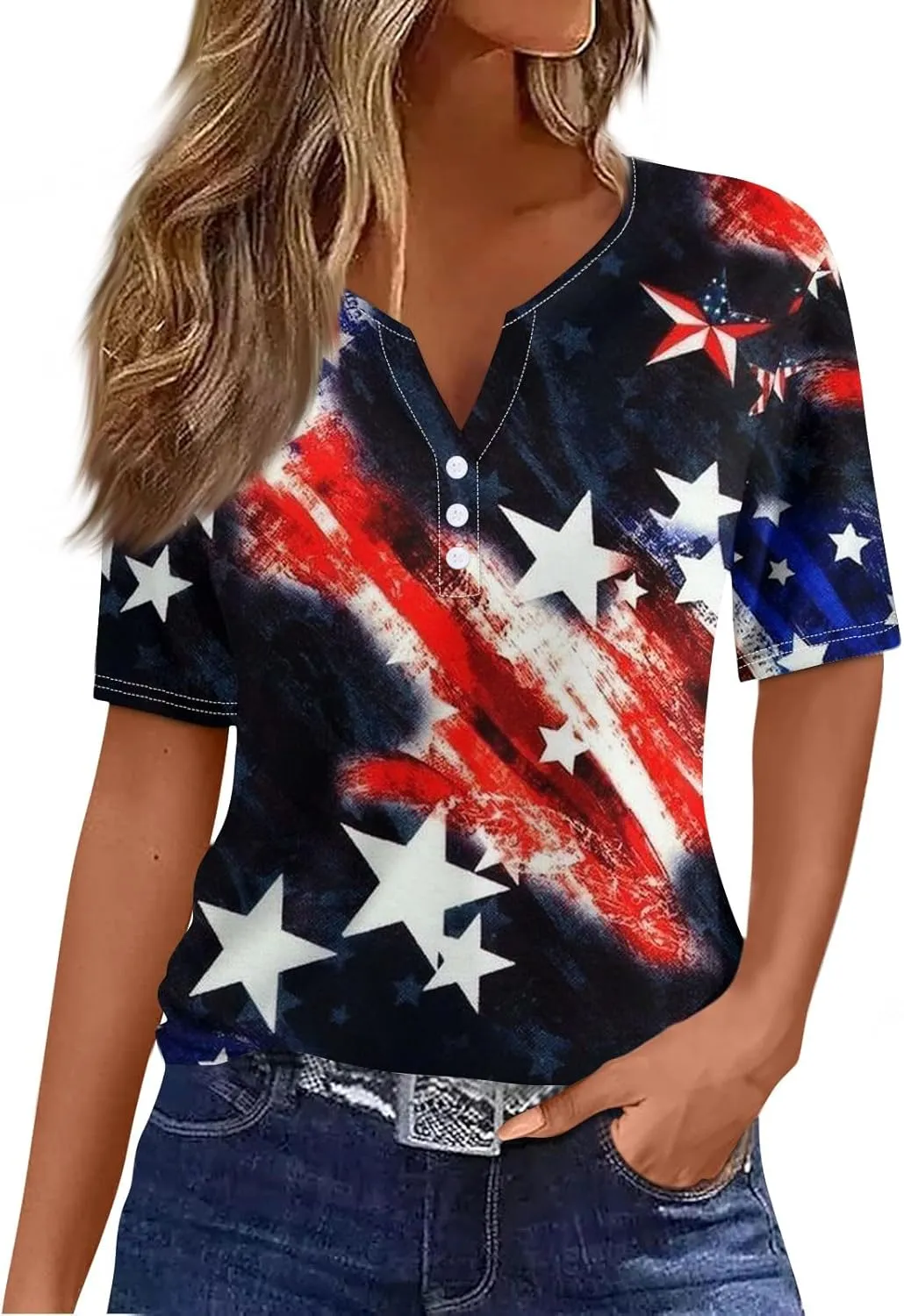 Summer Tops for Women 2024 4th of July Short Sleeve Henley Shirts for Women Button Down Casual American Flag Tops