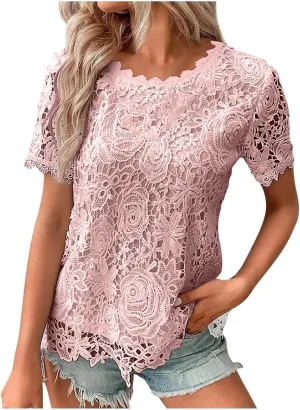 Summer Tops for Women 2024 Lace Crochet Embroidery Crewneck T Shirts Dressy Casual Short Sleeve Elegant Work Blouses