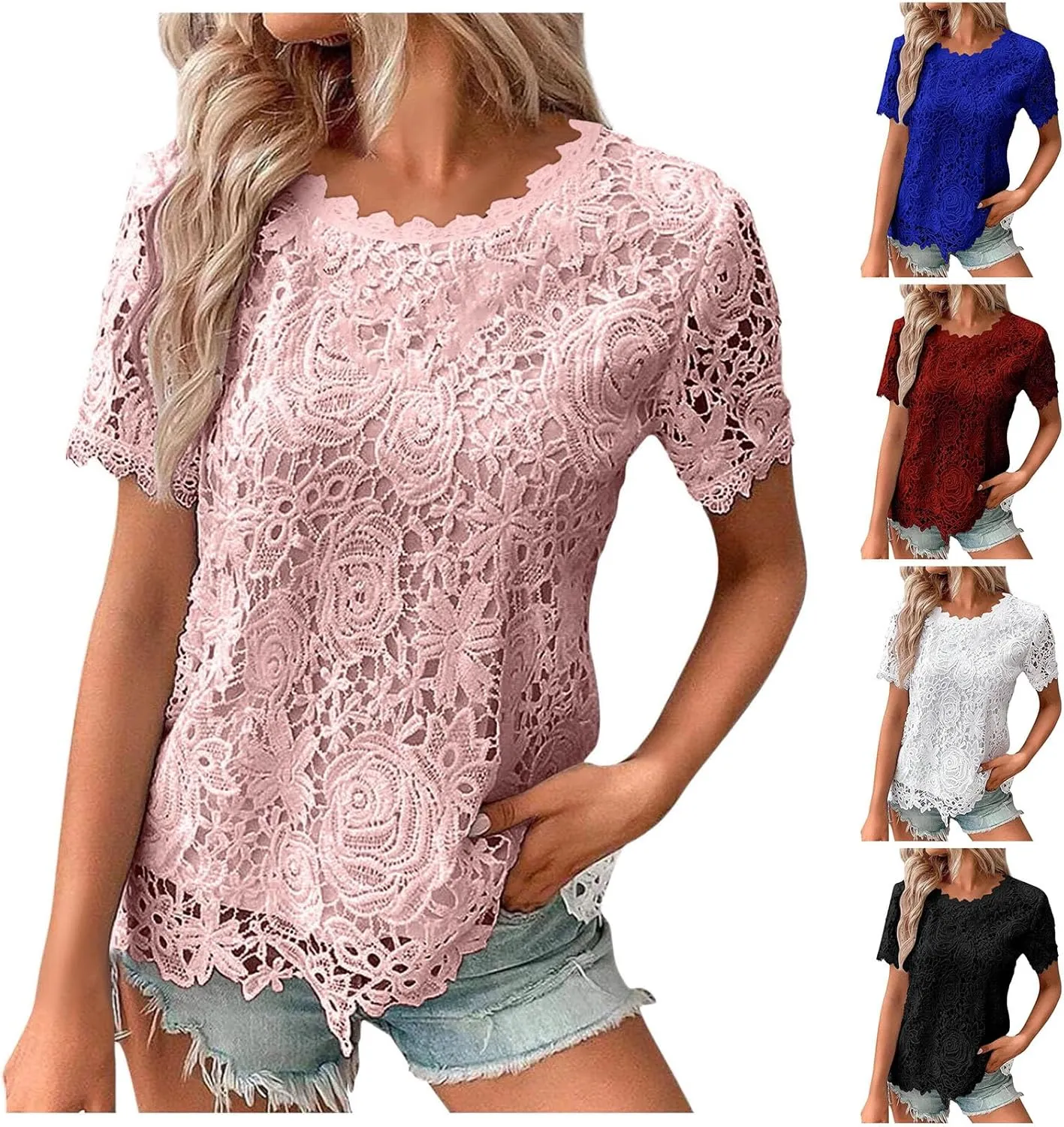 Summer Tops for Women 2024 Lace Crochet Embroidery Crewneck T Shirts Dressy Casual Short Sleeve Elegant Work Blouses