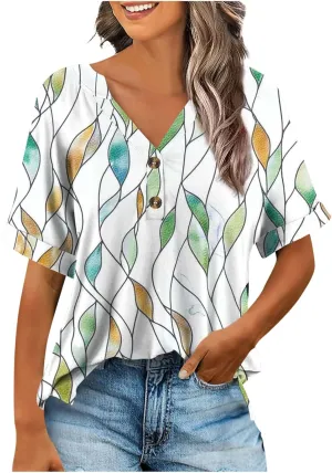 Summer Tops for Women 2025 Boho Short Sleeve V Neck Tunic Shirts Dressy Casual Floral Blouse Trendy Vacation Outfits
