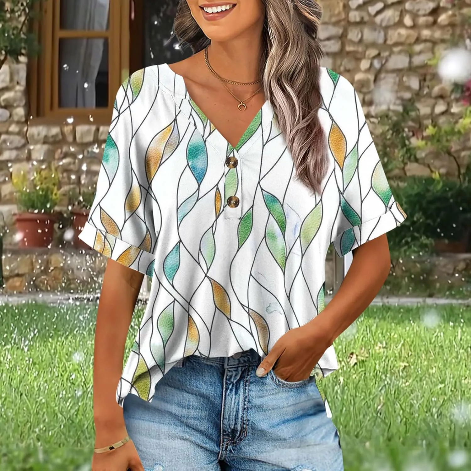 Summer Tops for Women 2025 Boho Short Sleeve V Neck Tunic Shirts Dressy Casual Floral Blouse Trendy Vacation Outfits