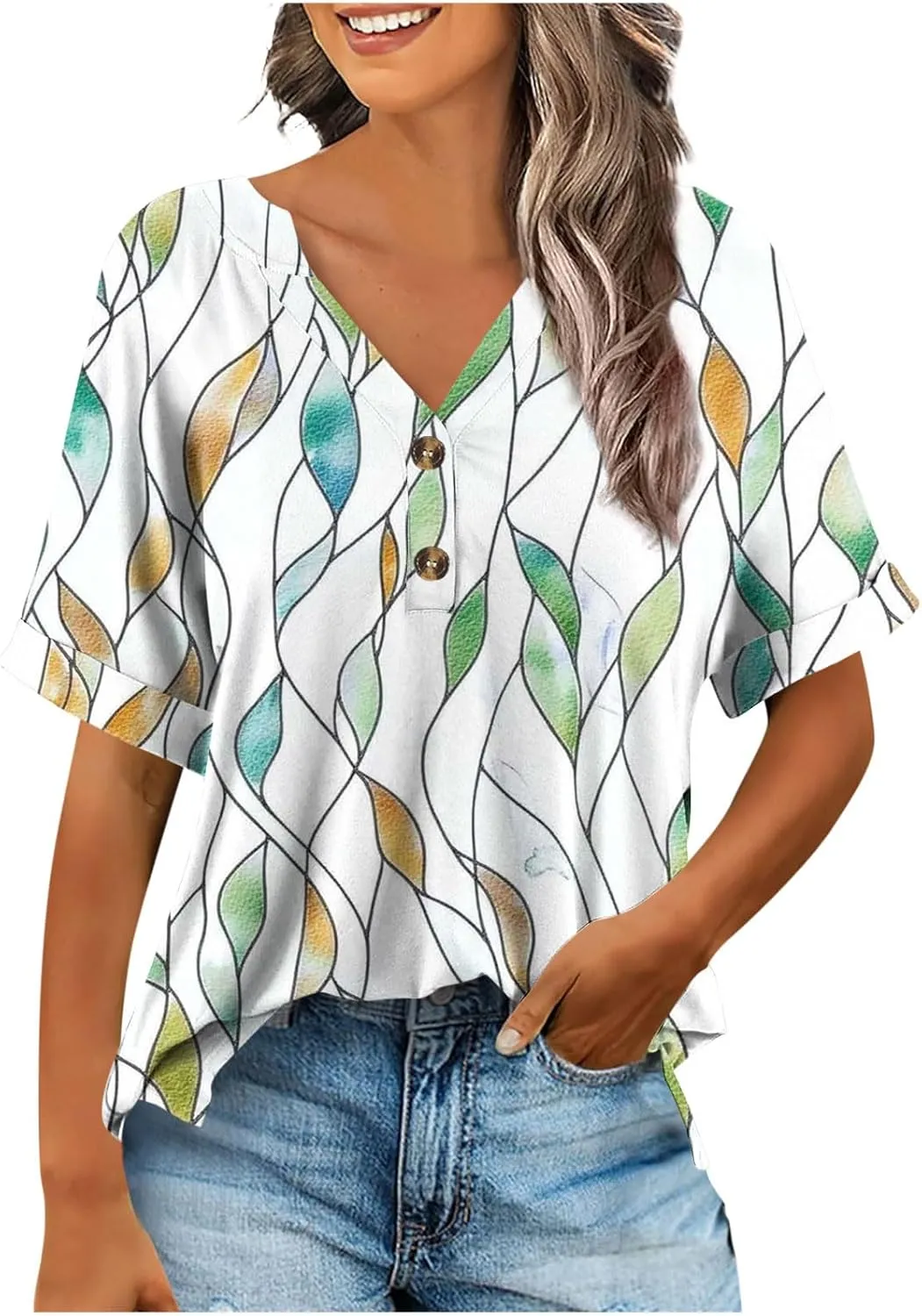 Summer Tops for Women 2025 Boho Short Sleeve V Neck Tunic Shirts Dressy Casual Floral Blouse Trendy Vacation Outfits
