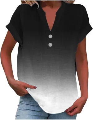 Summer Tops for Women 2025 Trendy Short Sleeve Cotton Linen Tops Button up Henley V Neck Shirts Vacation Beach Clothes