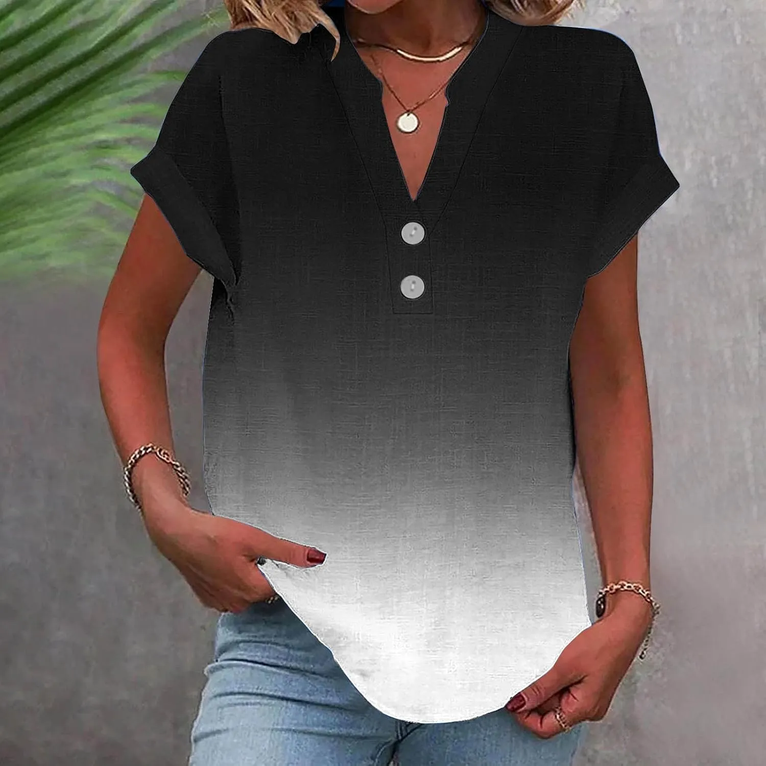 Summer Tops for Women 2025 Trendy Short Sleeve Cotton Linen Tops Button up Henley V Neck Shirts Vacation Beach Clothes