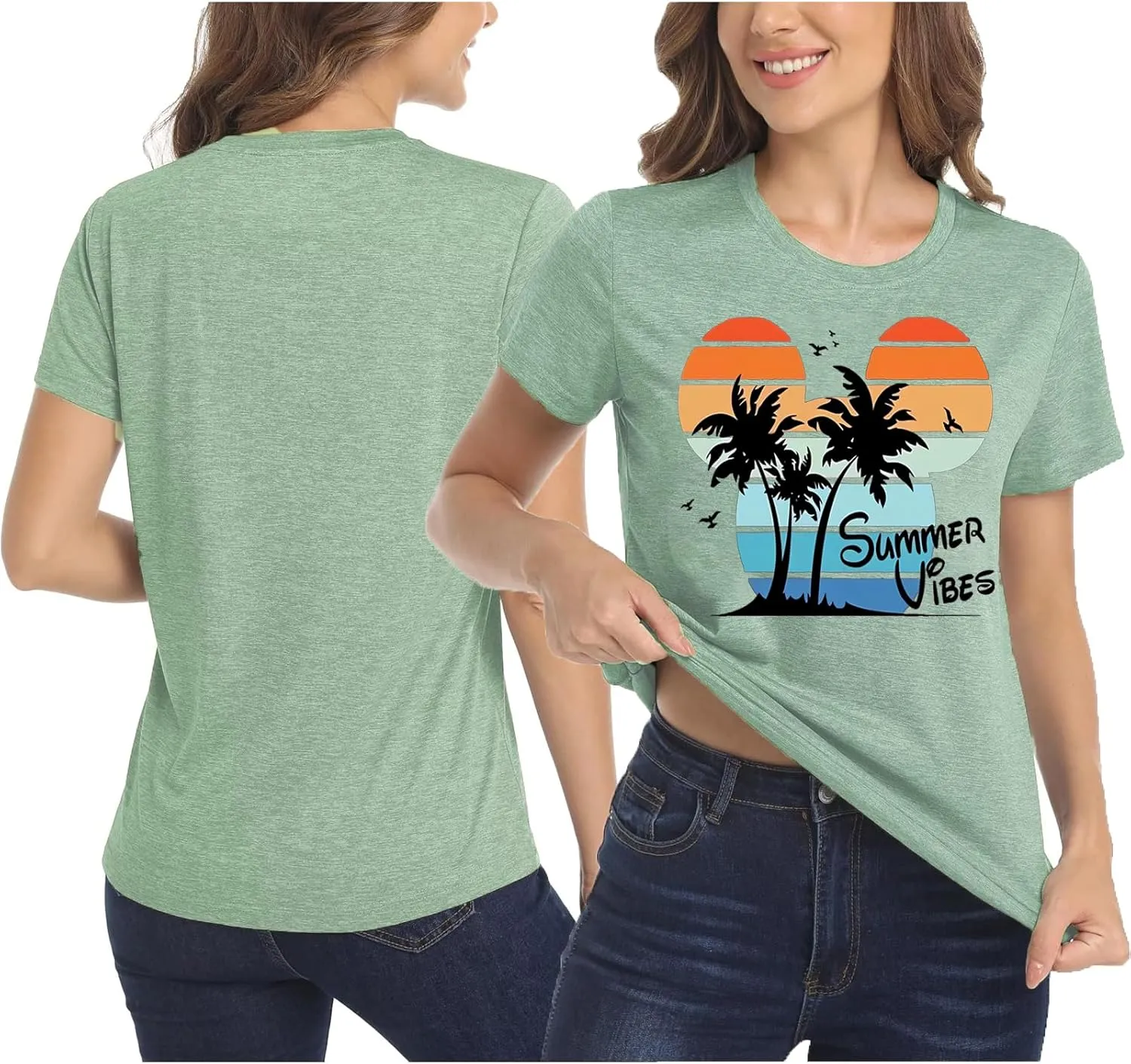 Summer Vibes Tshirt Womens Funny Cute Graphic Tees Hawaiian Beach Vacation Palm Tree Letter Print Tops
