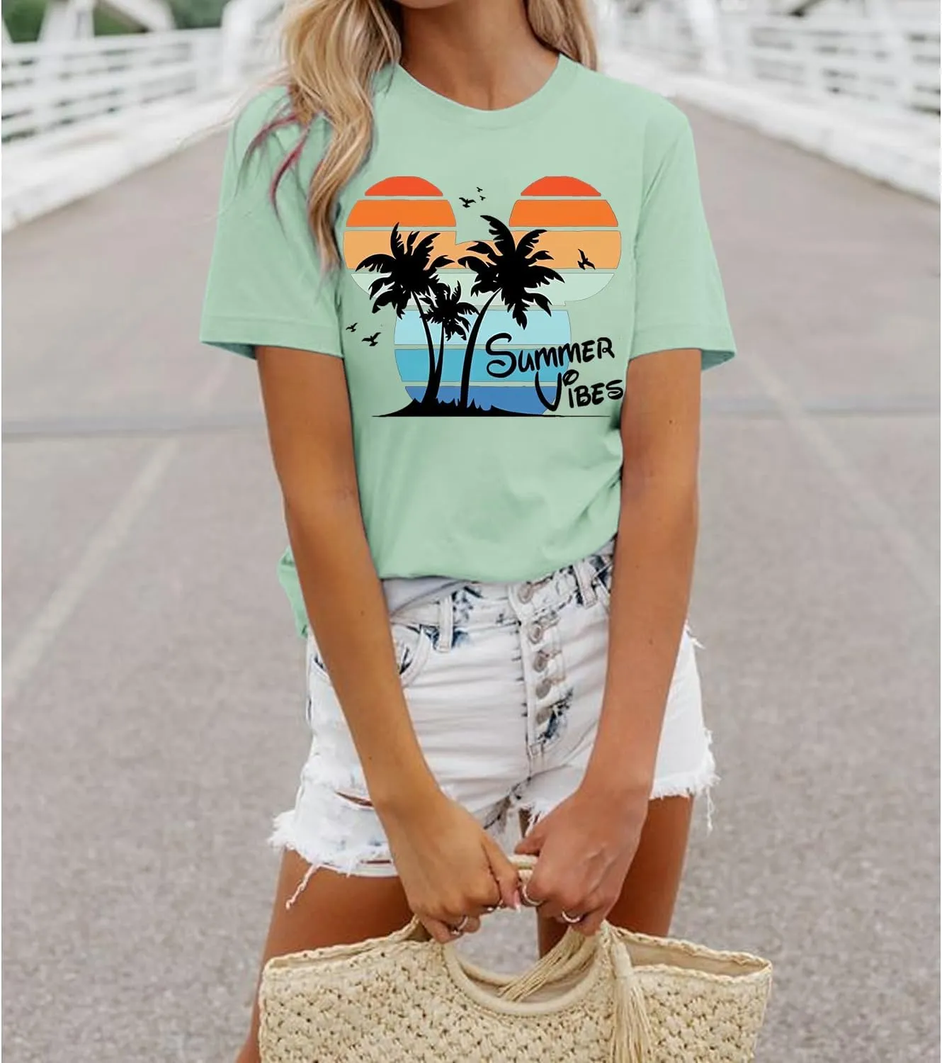 Summer Vibes Tshirt Womens Funny Cute Graphic Tees Hawaiian Beach Vacation Palm Tree Letter Print Tops