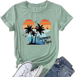 Summer Vibes Tshirt Womens Funny Cute Graphic Tees Hawaiian Beach Vacation Palm Tree Letter Print Tops