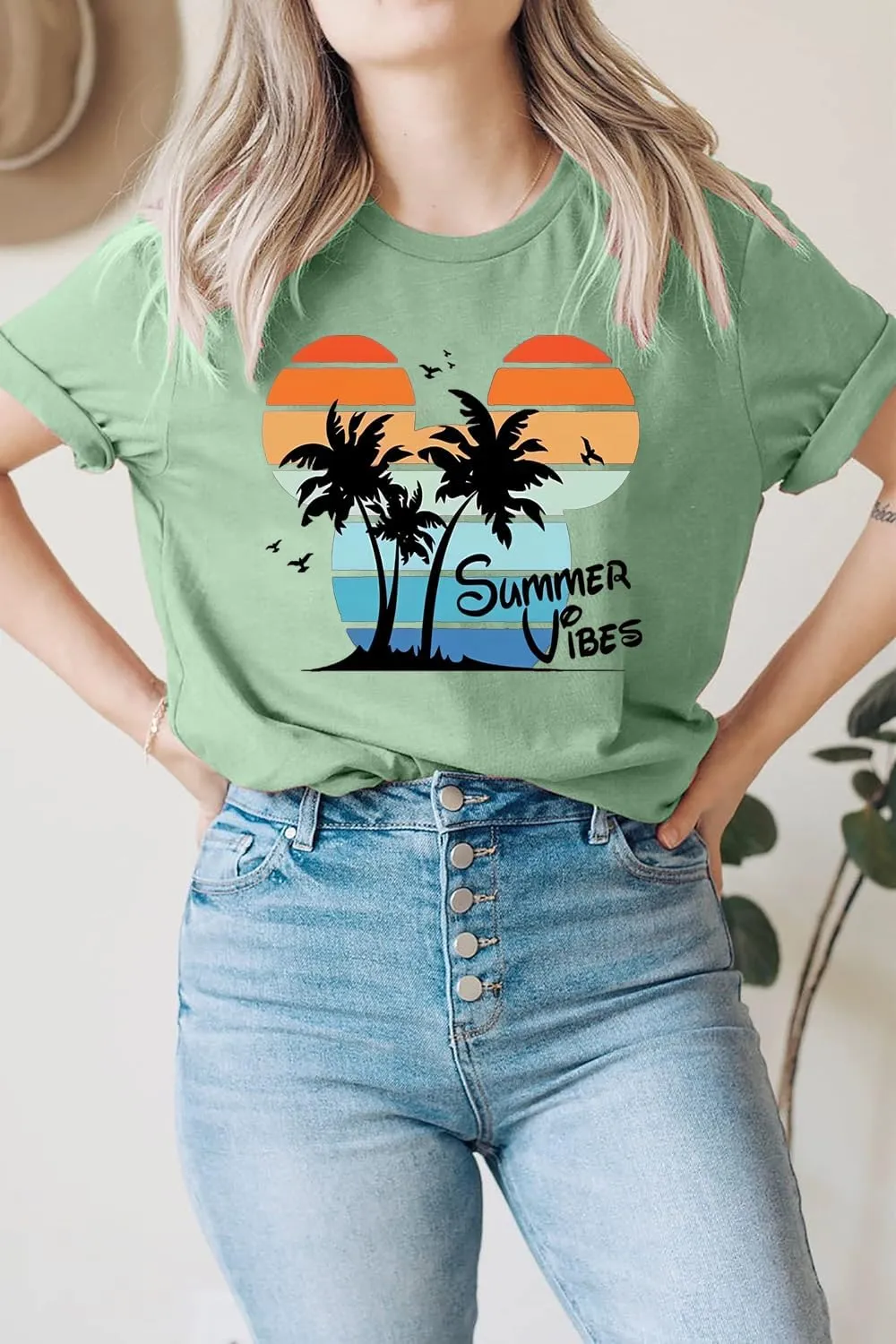 Summer Vibes Tshirt Womens Funny Cute Graphic Tees Hawaiian Beach Vacation Palm Tree Letter Print Tops