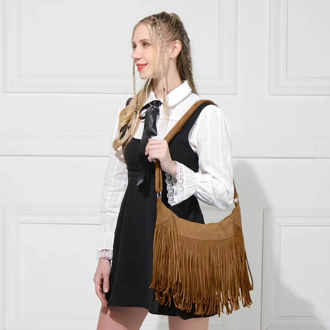 Sunwel Fashion Women Fringe Hobo Bag Western Purse Shoulder Bag Vegan Suede Tassel Hippie Crossbody Bag