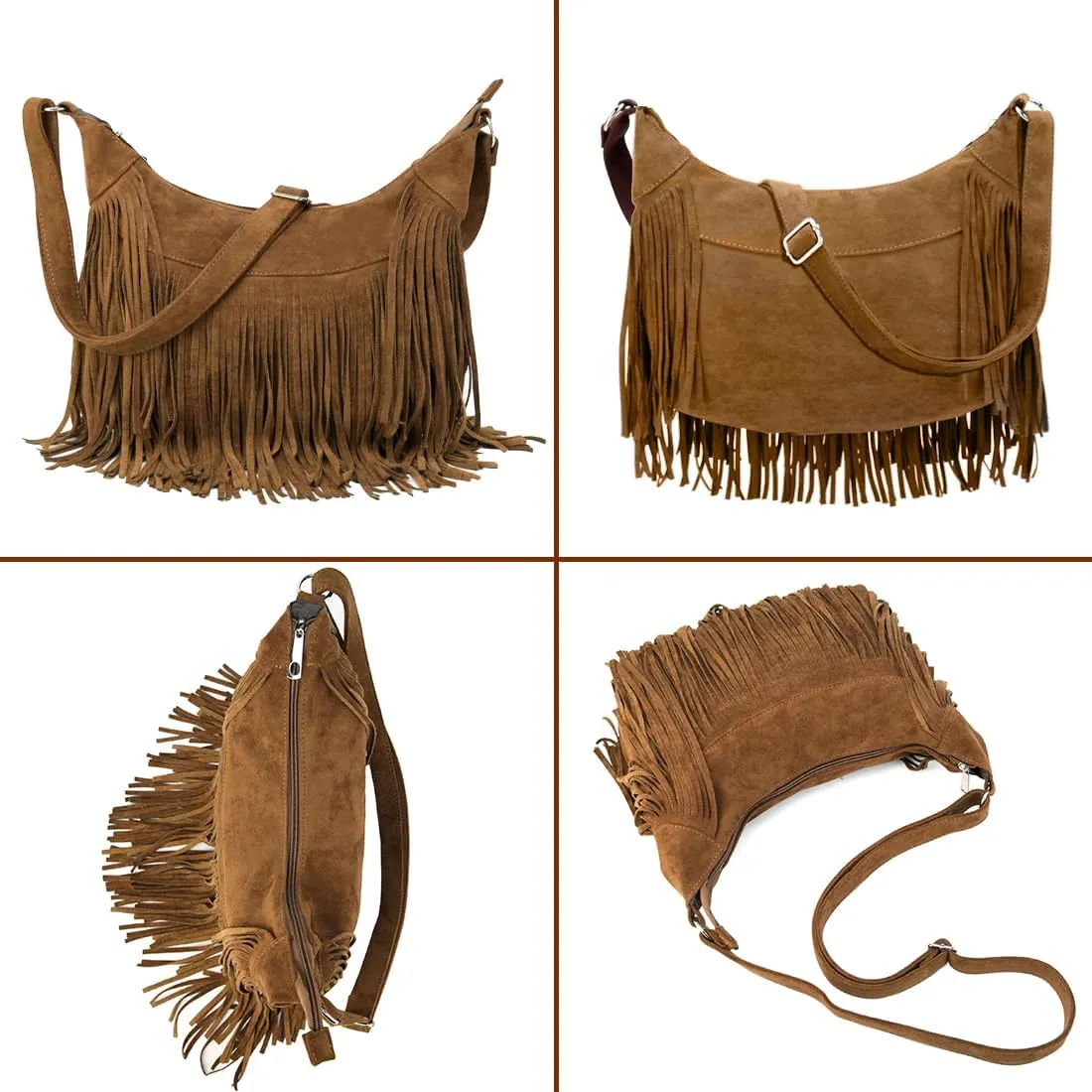 Sunwel Fashion Women Fringe Hobo Bag Western Purse Shoulder Bag Vegan Suede Tassel Hippie Crossbody Bag