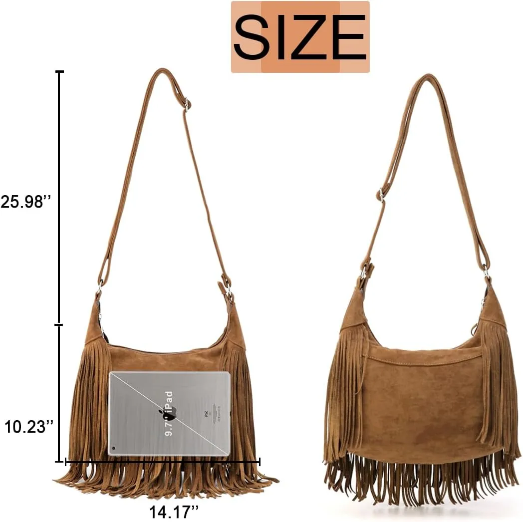 Sunwel Fashion Women Fringe Hobo Bag Western Purse Shoulder Bag Vegan Suede Tassel Hippie Crossbody Bag
