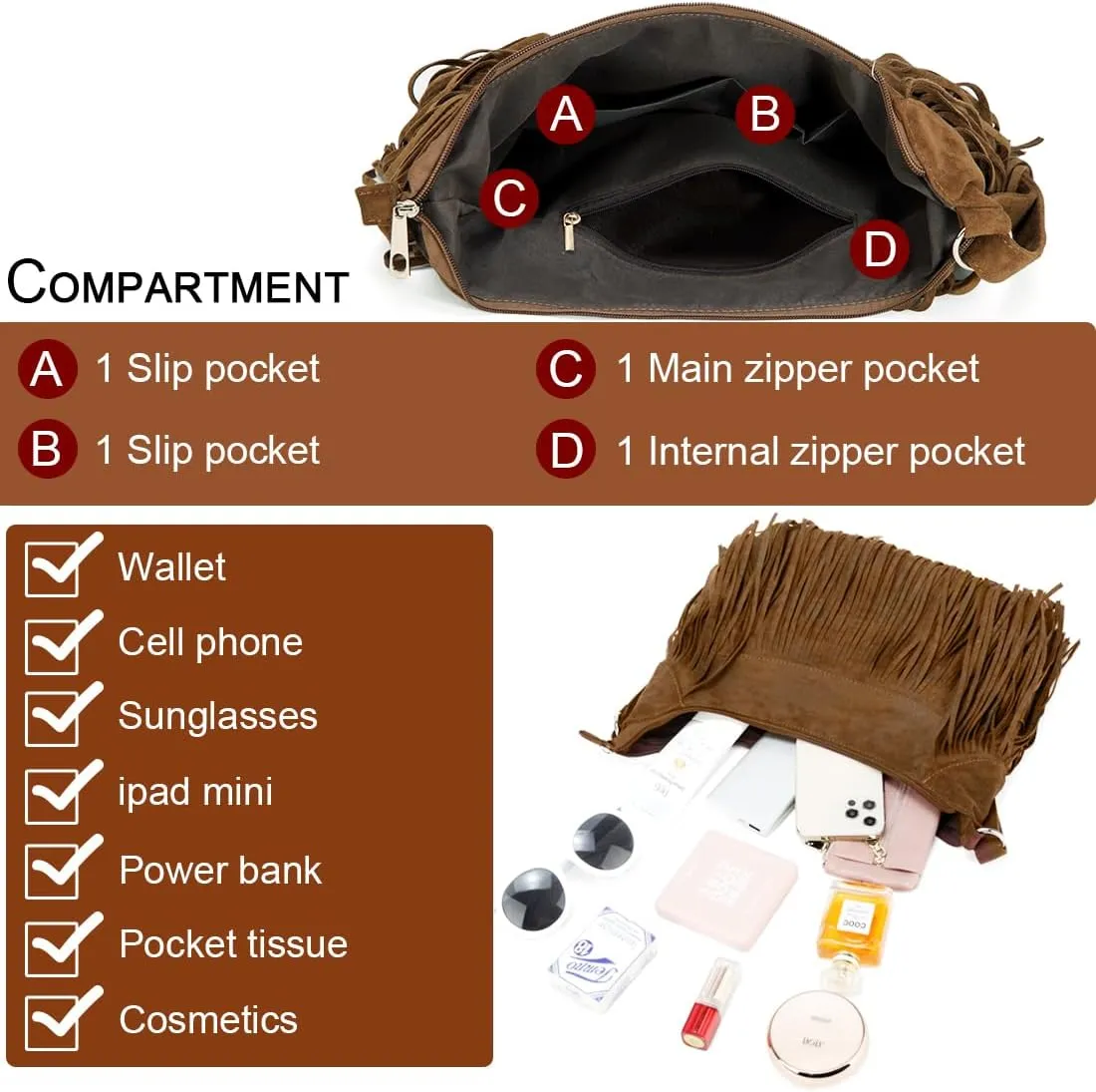 Sunwel Fashion Women Fringe Hobo Bag Western Purse Shoulder Bag Vegan Suede Tassel Hippie Crossbody Bag