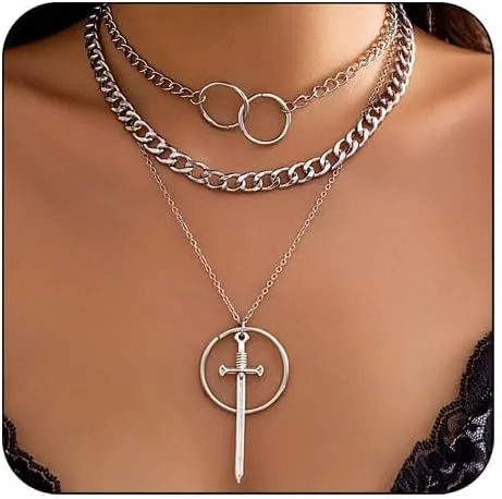 Sword Silver Necklace for Women Mens Stack Chunky Chain Layered Circle Gothic Necklaces Dagger Y2k Long Summer Goth Cuban Punk Stackable Necklaces Jewelry Gift