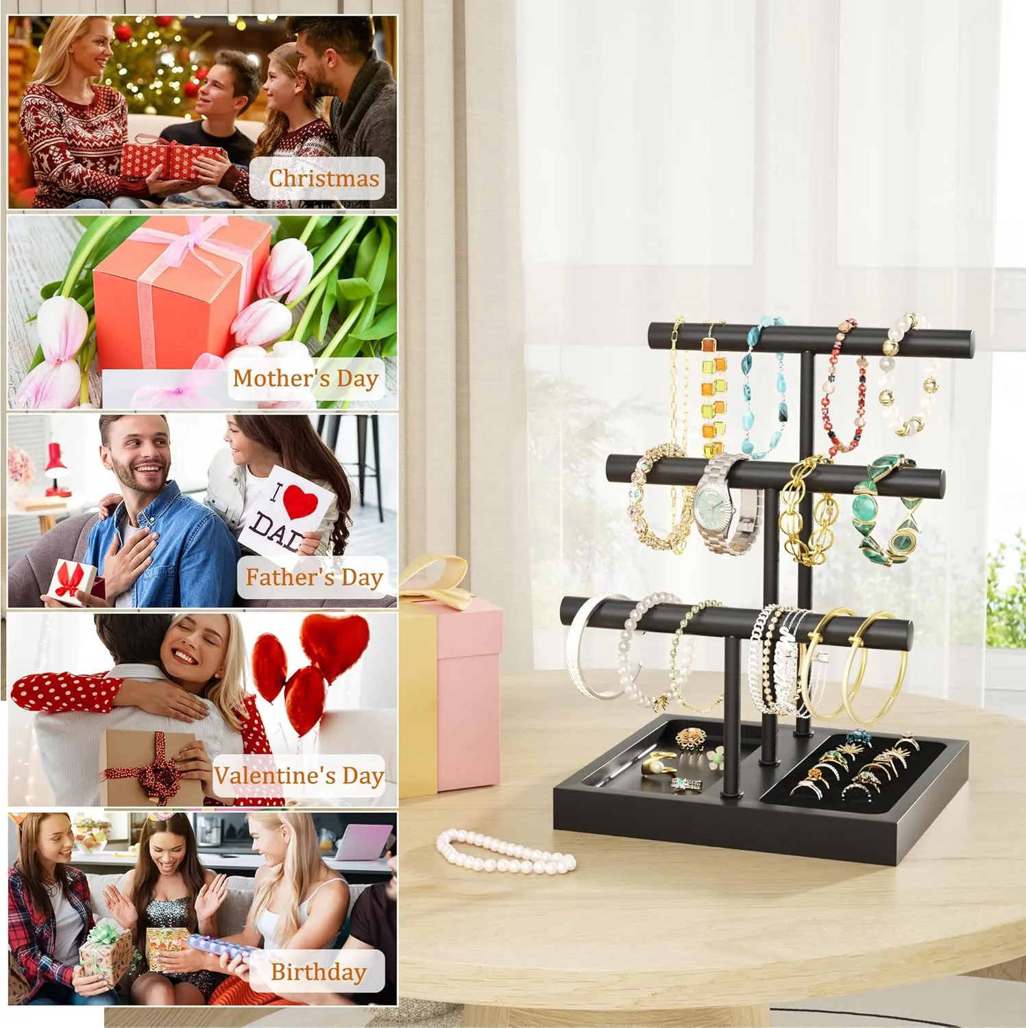 SZQINJI Bracelet Holder Display Organizer Stand, Necklace Holder Jewelry Holder Stand, Solid Wood Base with 3 Tier Metal T-bar for Bracelet Necklace Scrunchie Wristband Bangle Watch Ring, Black