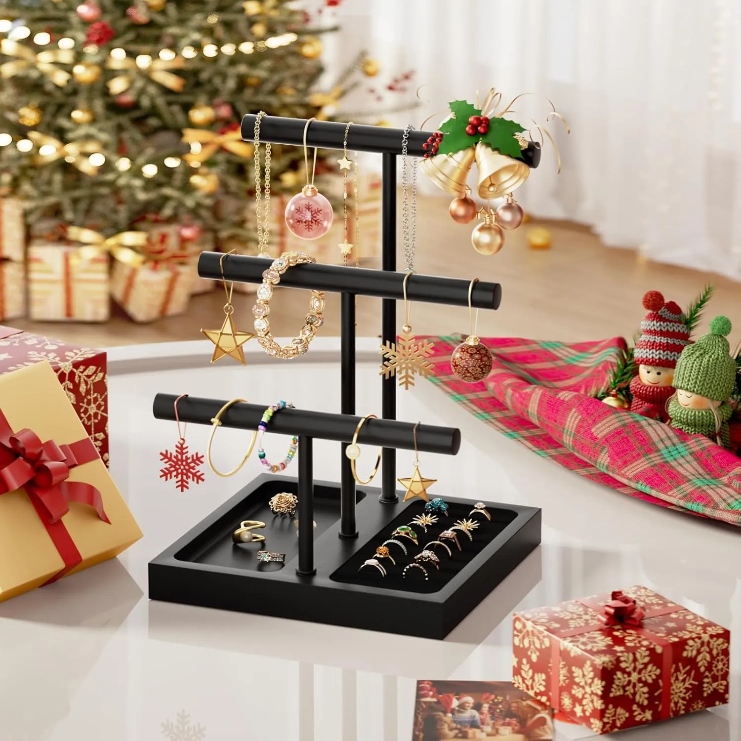 SZQINJI Bracelet Holder Display Organizer Stand, Necklace Holder Jewelry Holder Stand, Solid Wood Base with 3 Tier Metal T-bar for Bracelet Necklace Scrunchie Wristband Bangle Watch Ring, Black