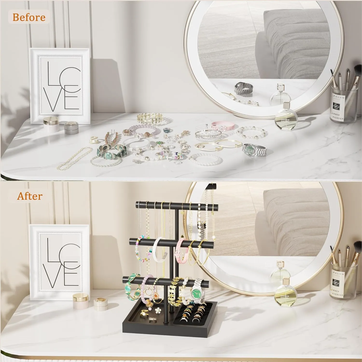 SZQINJI Bracelet Holder Display Organizer Stand, Necklace Holder Jewelry Holder Stand, Solid Wood Base with 3 Tier Metal T-bar for Bracelet Necklace Scrunchie Wristband Bangle Watch Ring, Black
