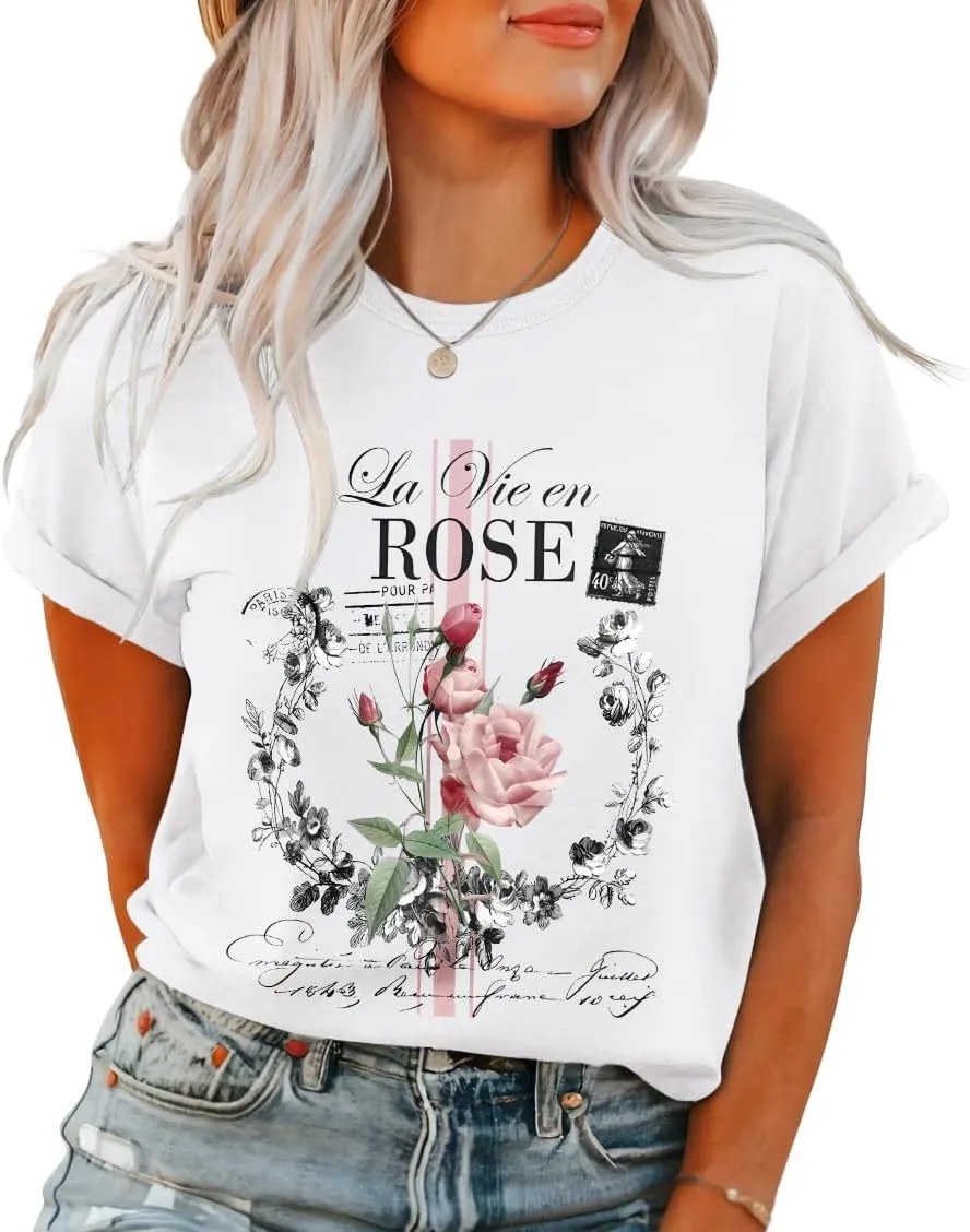 T Shirts for Women Crewneck Boho Flowers Wildflowers Graphic Tees 2025 Summer Cute Shirts Short Sleeve Tops