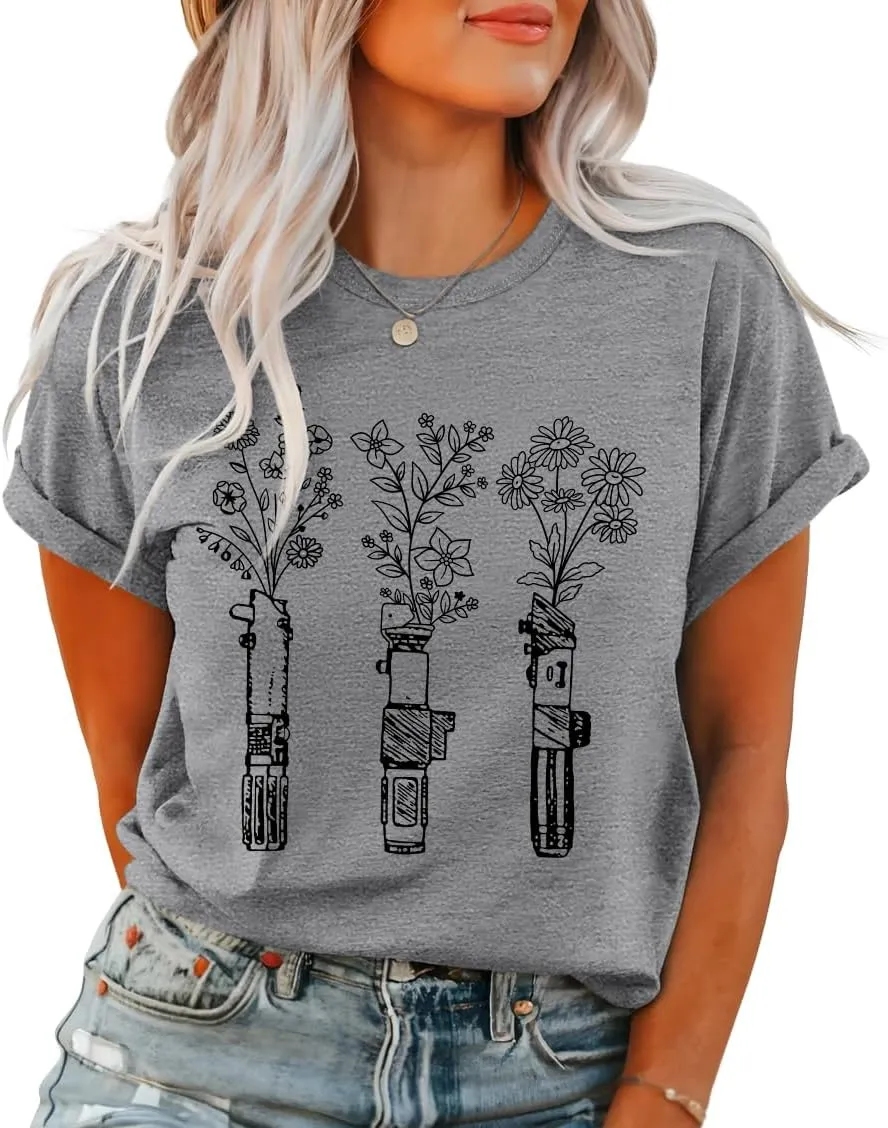 T Shirts for Women Crewneck Boho Flowers Wildflowers Graphic Tees 2025 Summer Cute Shirts Short Sleeve Tops