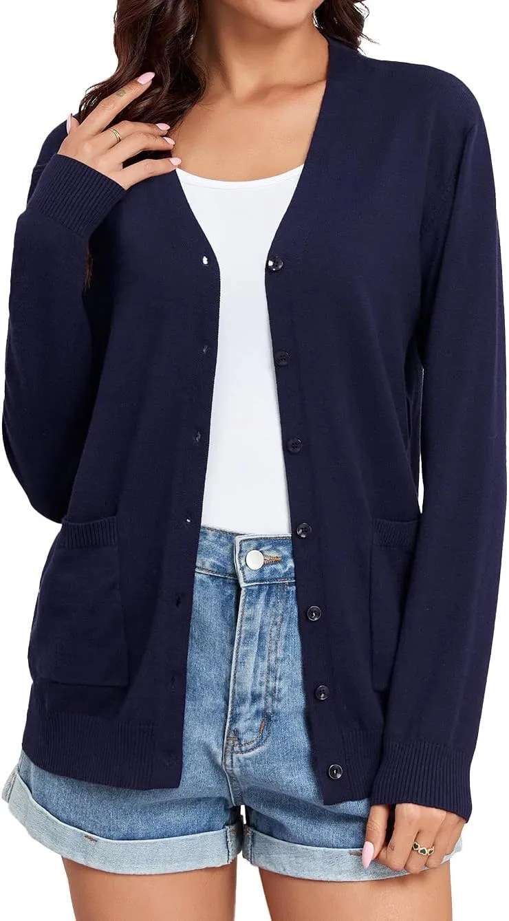 TASAMO Women's Lightweight Button Down Cardigan Sweaters Long Sleeve Classic V Neck Knit Soft Shrugs with Pocket