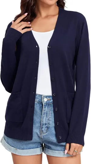 TASAMO Women's Lightweight Button Down Cardigan Sweaters Long Sleeve Classic V Neck Knit Soft Shrugs with Pocket