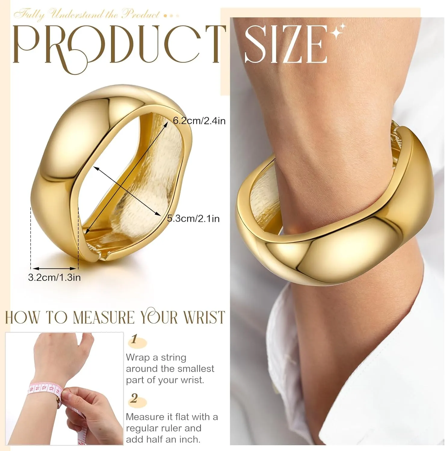 Tondiamo 2 Pcs Chunky Gold Bangle Bracelets Hinged Cuff Open Wide Chunky Cuffs Bracelet for Women Arm Wrist Bangle Gift