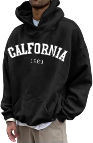 TUQIDEWU Mens Hoodies Pullover, Sweatshirt for Men Hoodie California Letter Print Oversized Long Sleeve Hoodies Sweatshirts Black