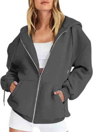 TWGONE Womens Zip Up Hoodies Long Sleeve Oversized Sweatshirts Y2K Jacket Pockets Fall Winter Outfits Fashion Clothes