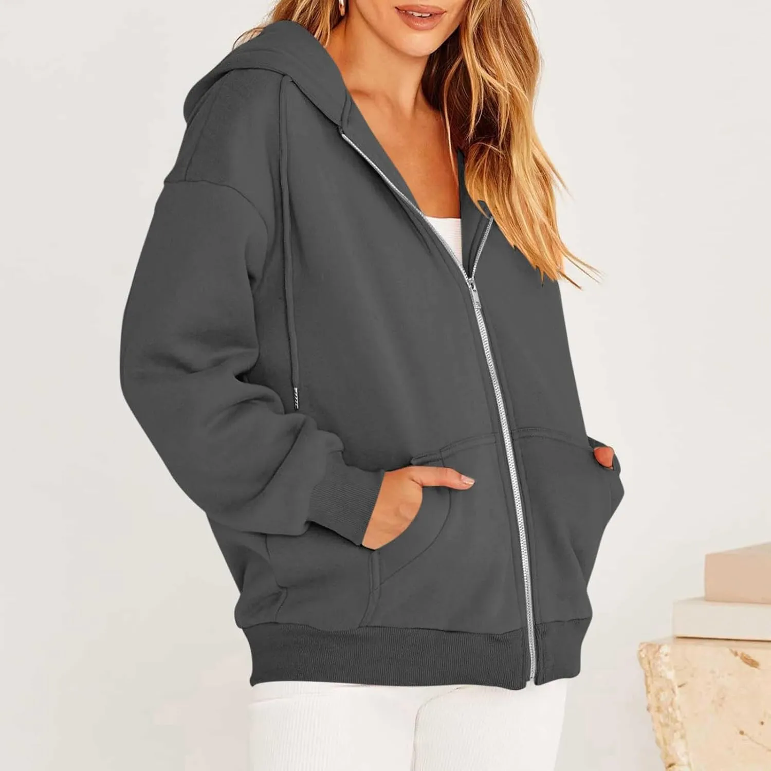 TWGONE Womens Zip Up Hoodies Long Sleeve Oversized Sweatshirts Y2K Jacket Pockets Fall Winter Outfits Fashion Clothes