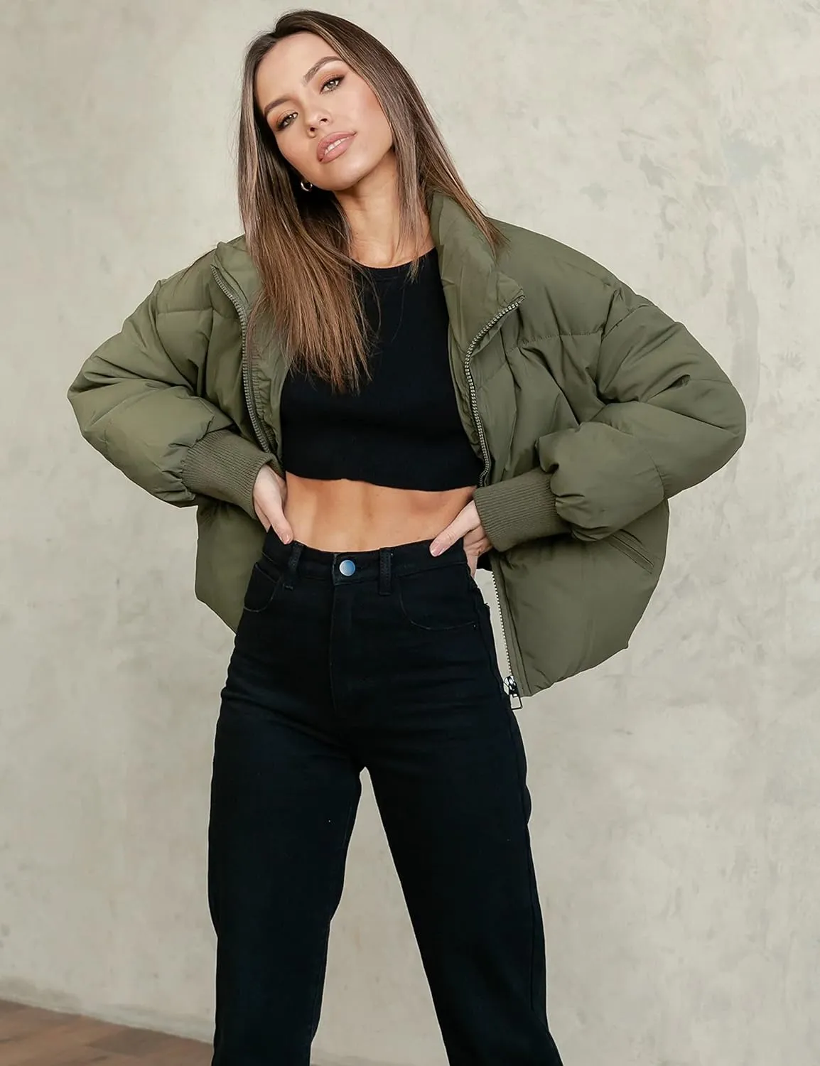 UANEO Puffer Jacket Womens Oversized Cropped Puffy Quilted Winter Jackets Coat