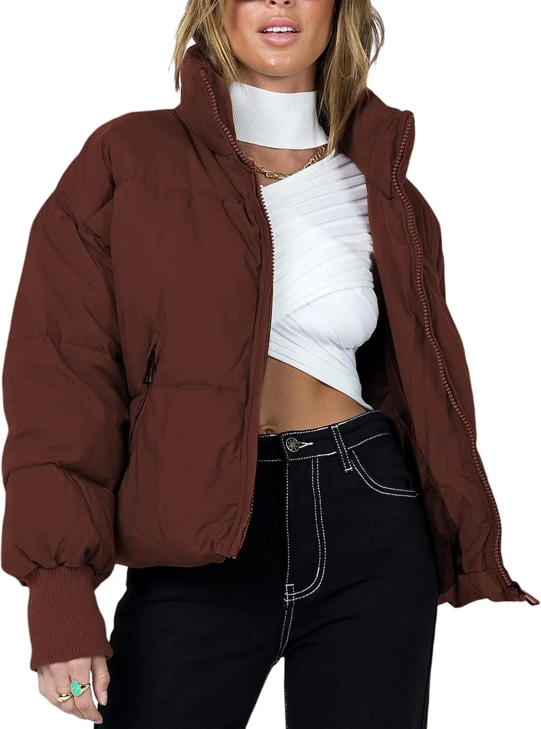 UANEO Puffer Jacket Womens Oversized Cropped Puffy Quilted Winter Jackets Coat