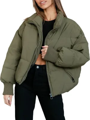UANEO Puffer Jacket Womens Oversized Cropped Puffy Quilted Winter Jackets Coat