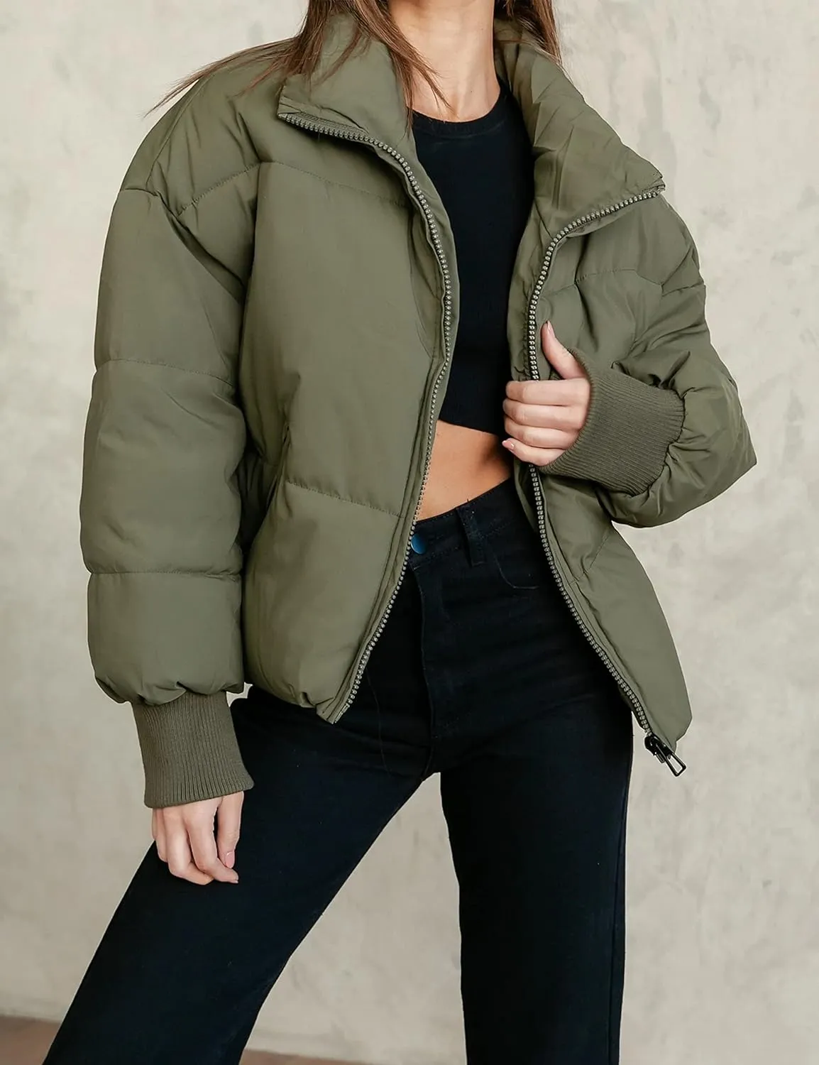 UANEO Puffer Jacket Womens Oversized Cropped Puffy Quilted Winter Jackets Coat