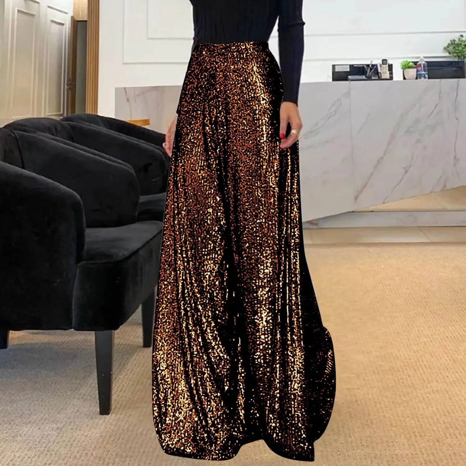 Uillui Glitter Sequin Palazzo Pant for Women High Waist Pleated Sparkle Flowy Pant Straight Wide Leg Fashion Shimmer Trouser
