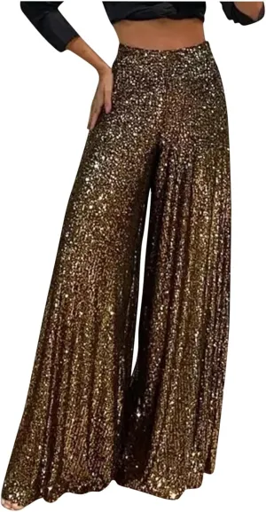 Uillui Glitter Sequin Palazzo Pant for Women High Waist Pleated Sparkle Flowy Pant Straight Wide Leg Fashion Shimmer Trouser