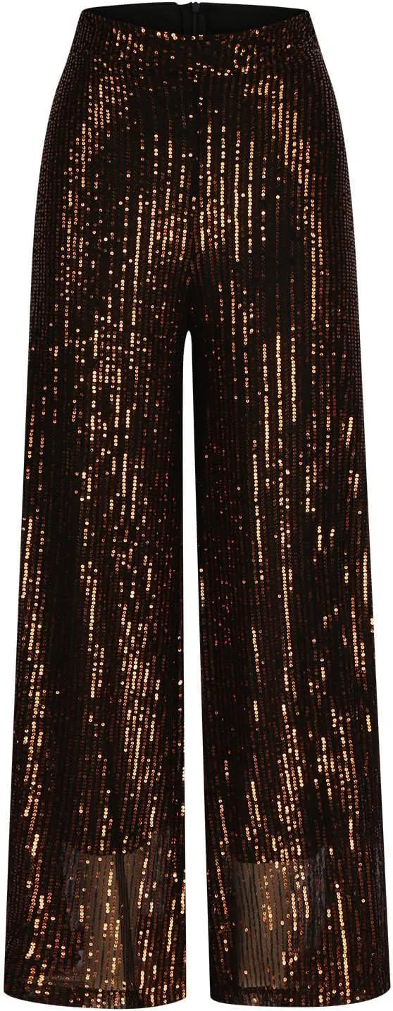 Uillui Glitter Sequin Palazzo Pant for Women High Waist Pleated Sparkle Flowy Pant Straight Wide Leg Fashion Shimmer Trouser