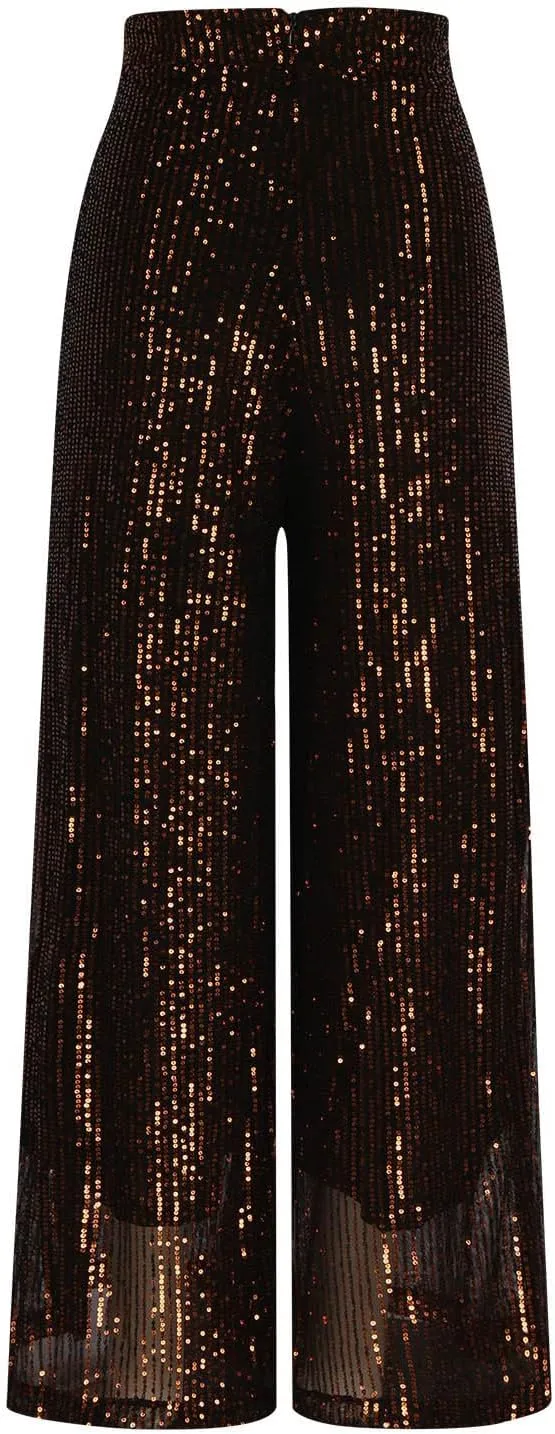 Uillui Glitter Sequin Palazzo Pant for Women High Waist Pleated Sparkle Flowy Pant Straight Wide Leg Fashion Shimmer Trouser