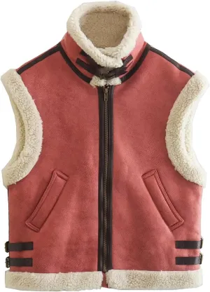 Uillui Women's Winter Trendy Crop Sherpa Lined Suede Leather Vest Jacket Zip Up Sleeveless Lambwool Fur Coat with Pockets