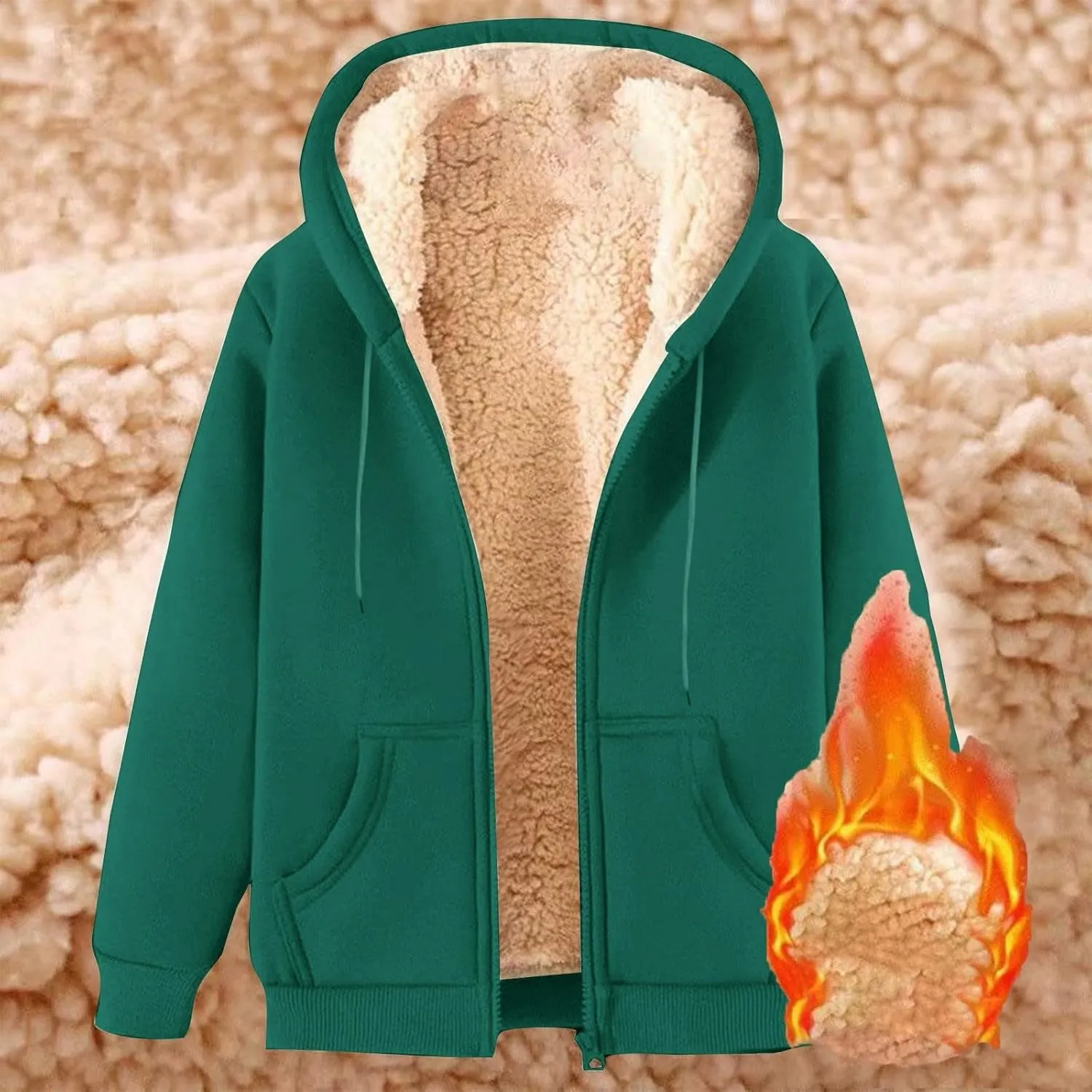 Unisex Women's Fleece Hoodie Jacket Cozy Sherpa Lined Zip Up Warm Hoodie Sweatshirt Winter Fluffy Sweater Hooded Coat