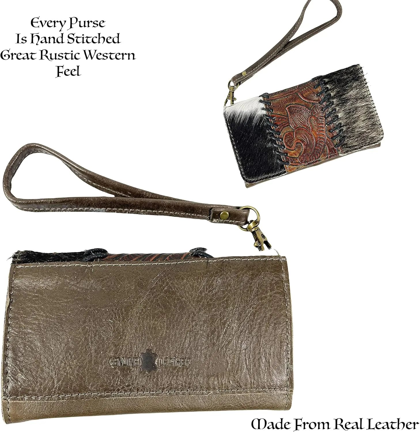Urbalabs Cowhair Genuine Leather Women Western Wallets Clutch Bag Leather Fringe Purse Cell Phone Holder Pouch Tooled Wallet For Women Cowgirl Small Clutch Hand Stitched (Grey Tooled)