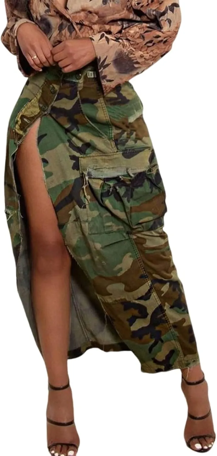 Vaceky Women's Camouflage Midi Cargo Skirt High Slit Button Wasit Wrap Skirts Y2K Streetwear