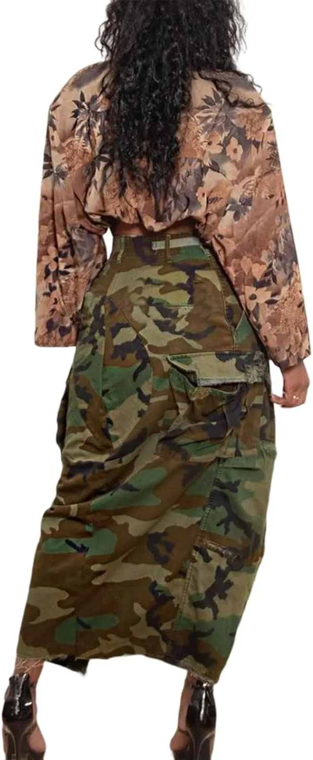 Vaceky Women's Camouflage Midi Cargo Skirt High Slit Button Wasit Wrap Skirts Y2K Streetwear